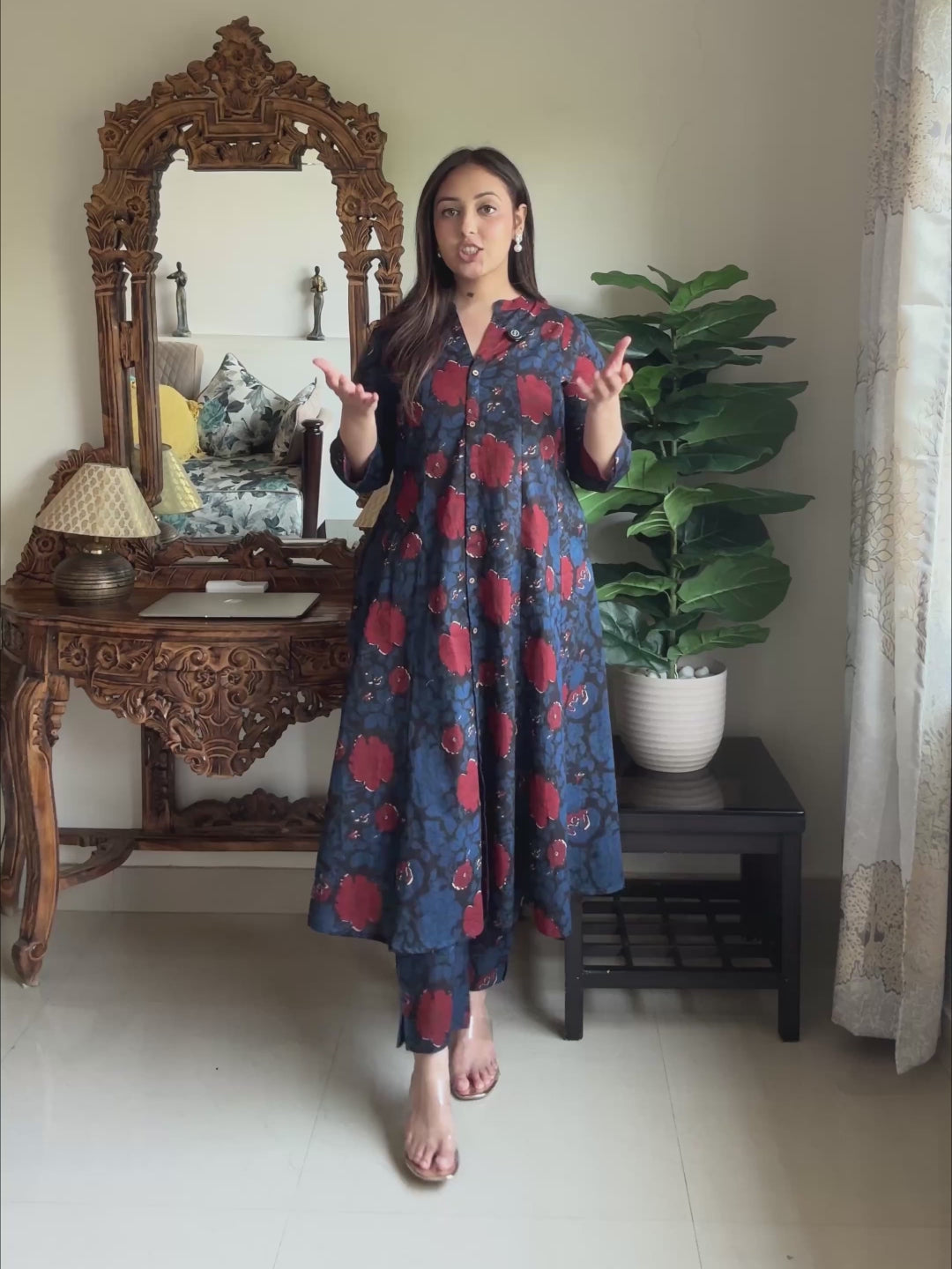 Aqua Pure Cotton Floral Printed A-line Kurta Set