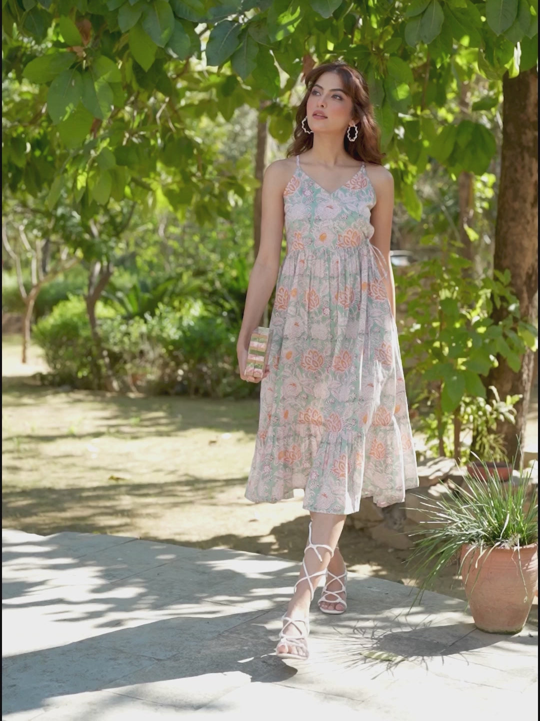 Light Green Pure Cotton Floral Printed Tiered Dress