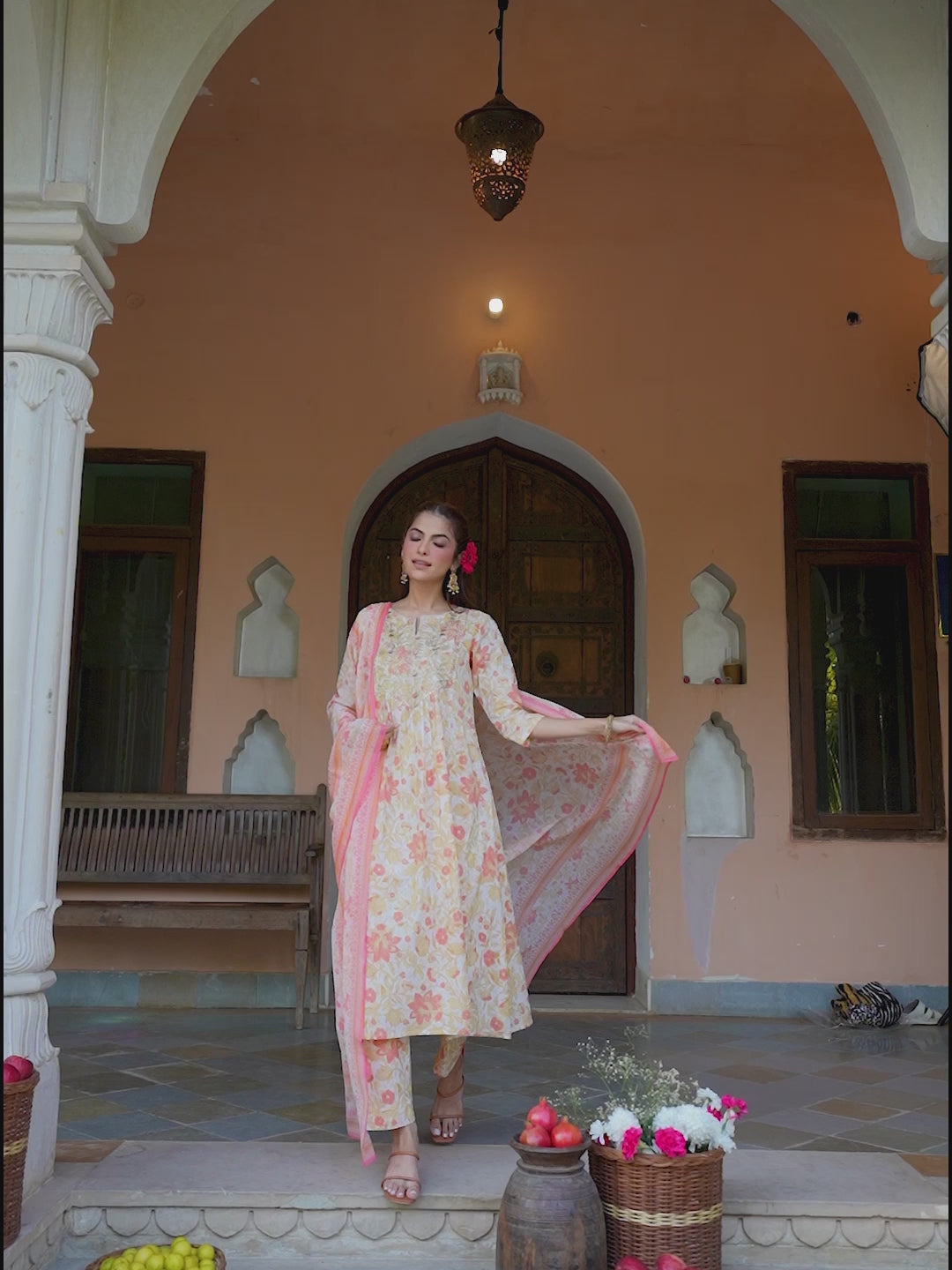 Janasya Women's Cream Pure Cotton Floral Printed Yoke Embroidered A-line Kurta Set