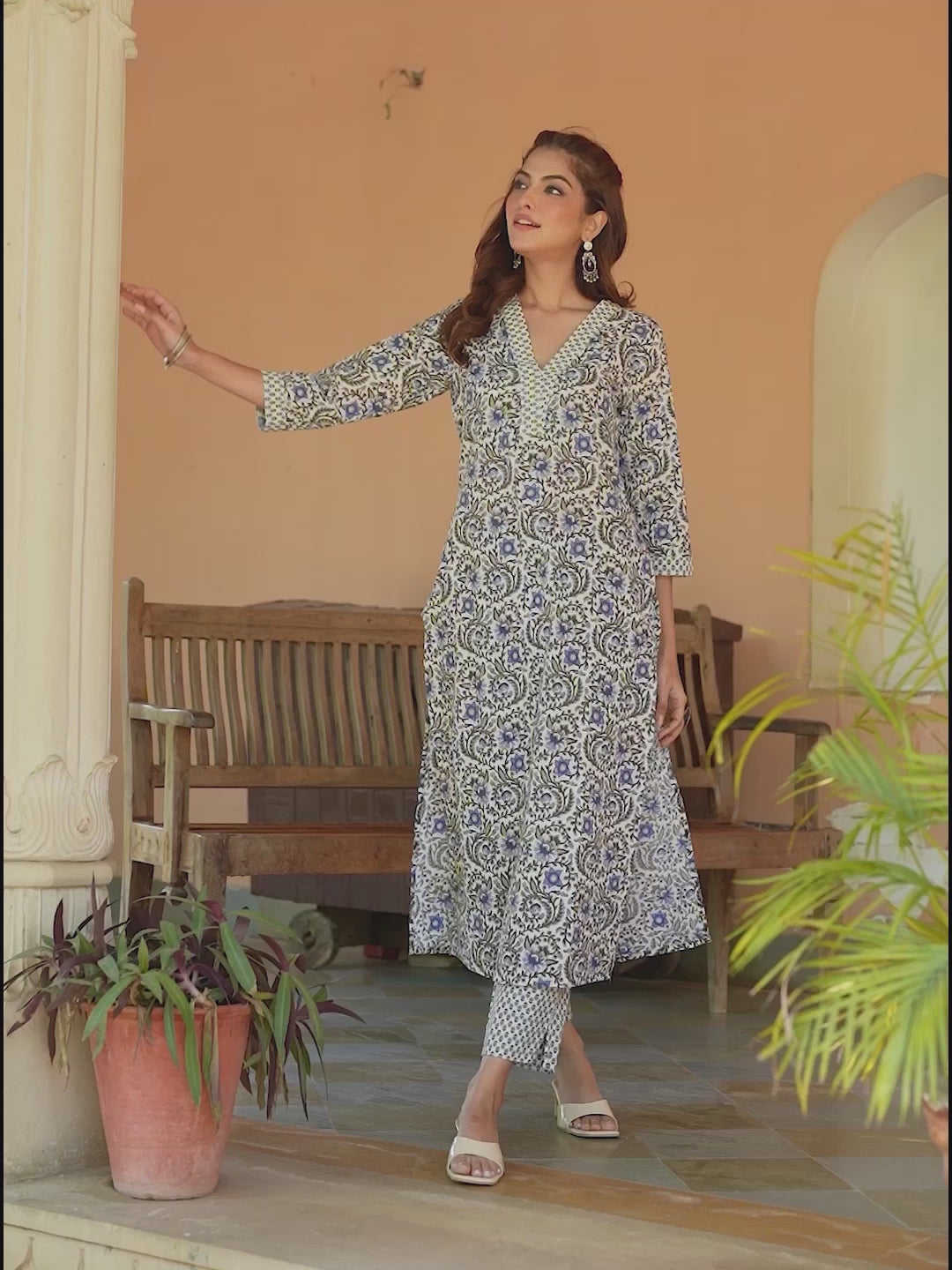 Cream Pure Cotton Floral Printed Straight Kurta Pant Set