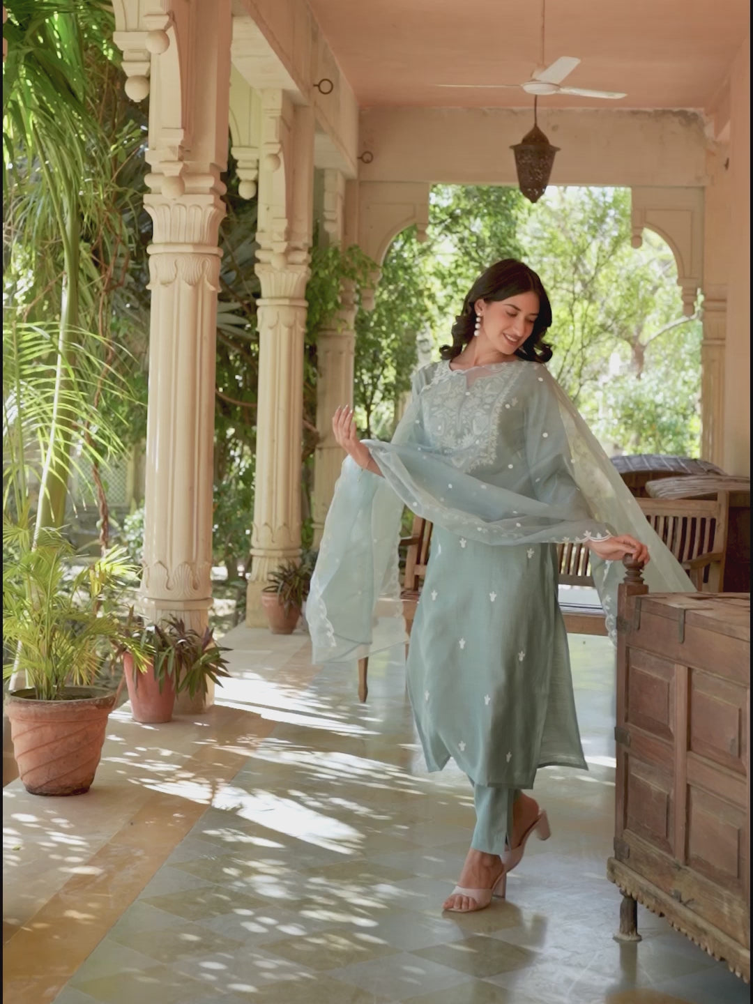 Light Blue Silk Blend Embroidered Straight Kurta Set