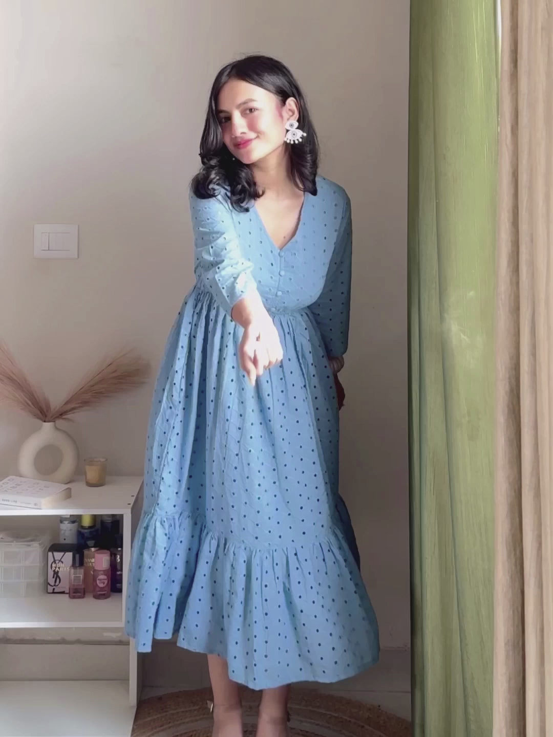 Janasya Women's Light Blue Pure Cotton Schiffli Fit & Flare Dress