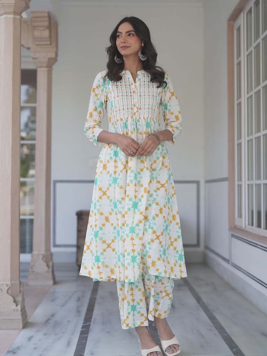 White Pure Cotton Yoke Embroidered Abstract Printed A-line Kurta Pant Set
