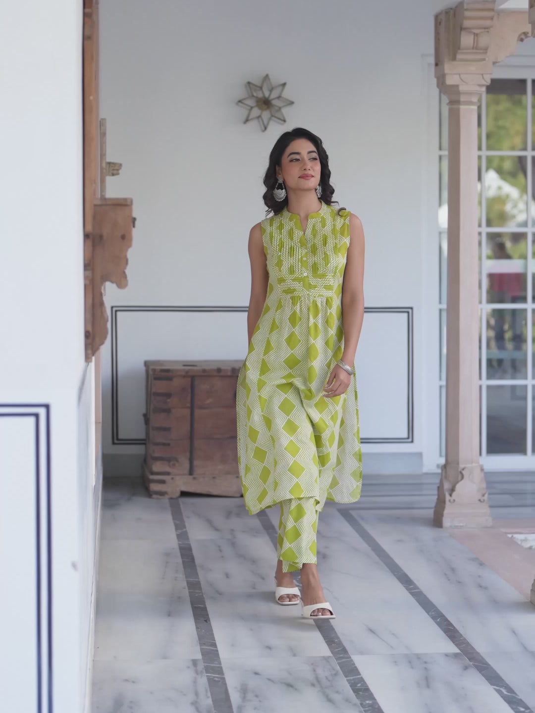 Lime Green Pure Cotton Geometric Printed A-line Kurta Pant Set