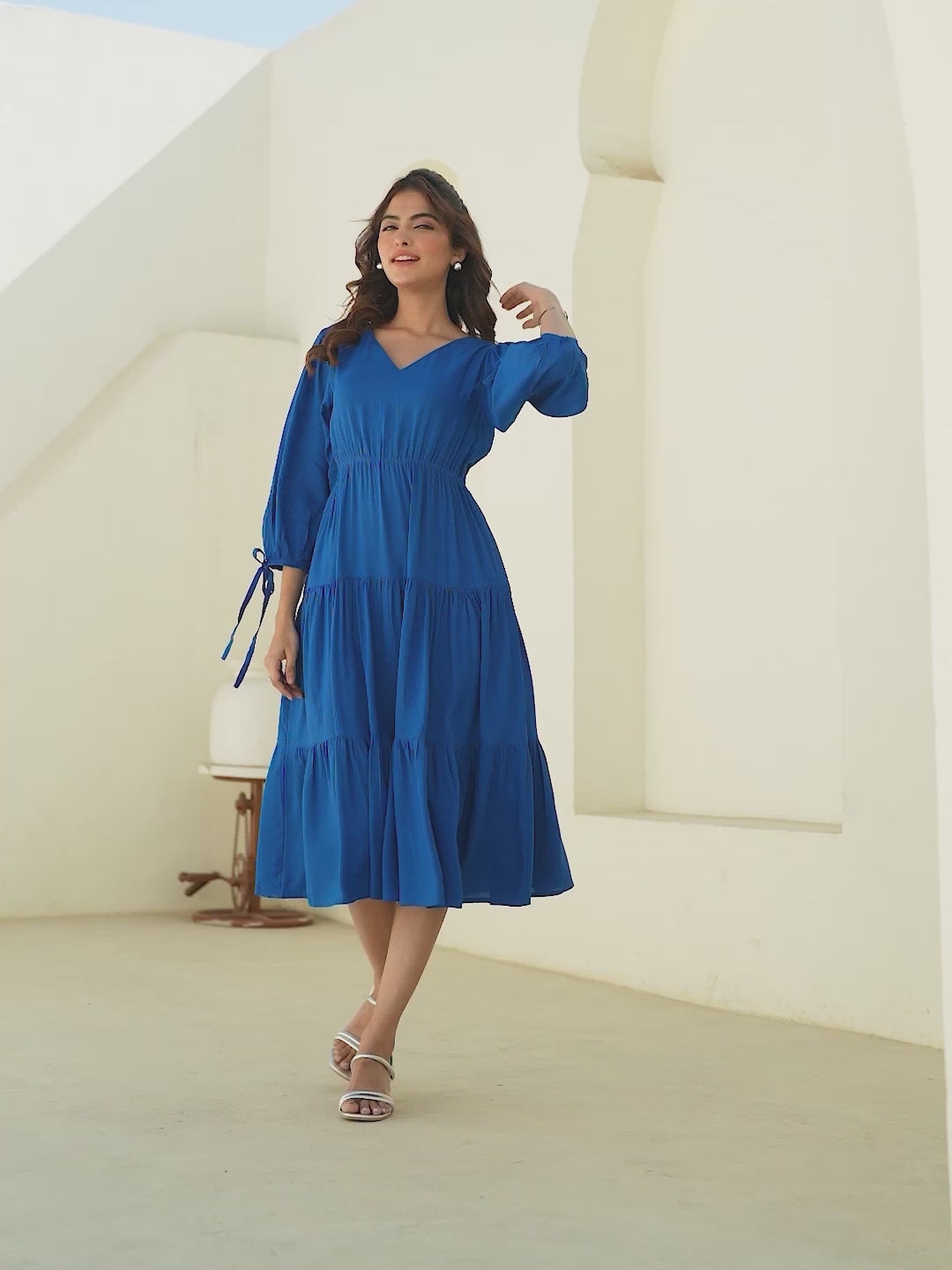 Royal Blue Rayon Solid Tiered Dress
