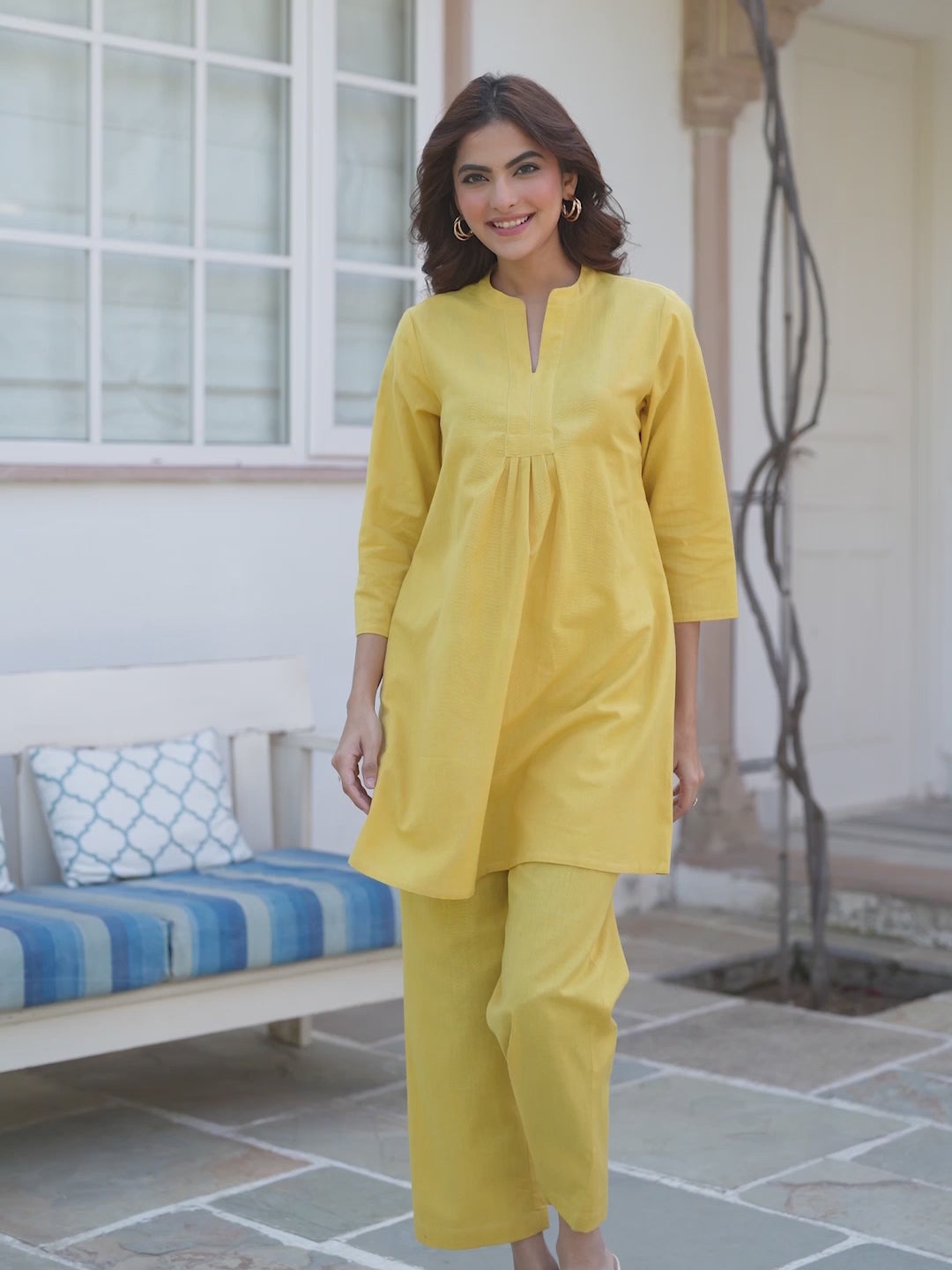 Yellow Cotton Solid A-line Co-ords Set