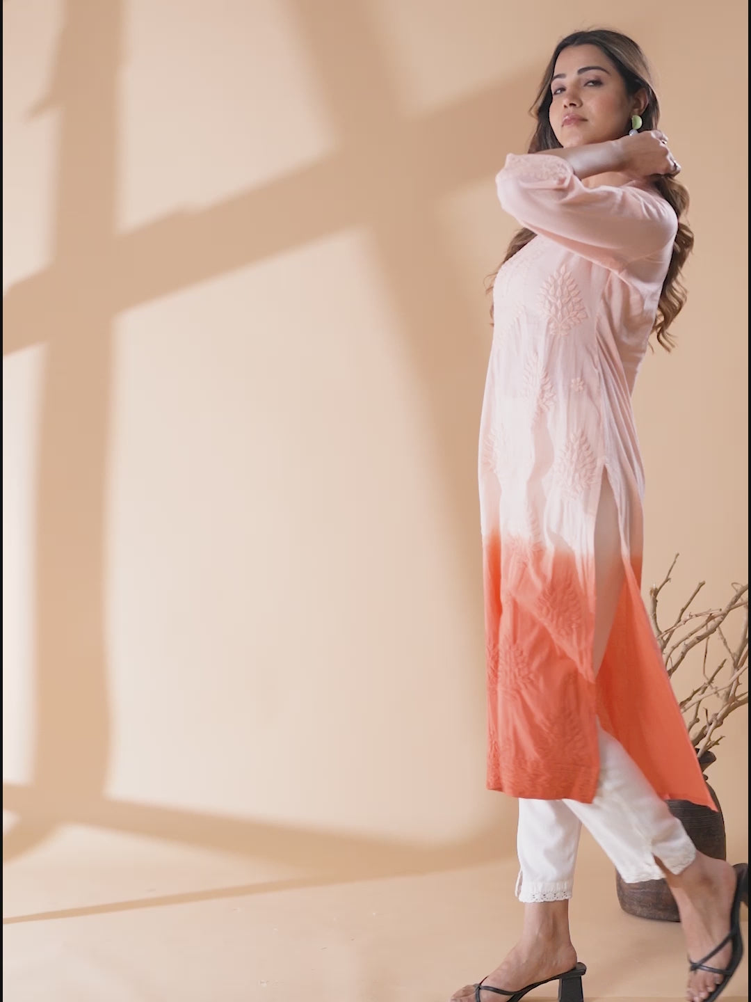Peach Ombre Pure Cotton Chikankari Embroidered Straight Kurta