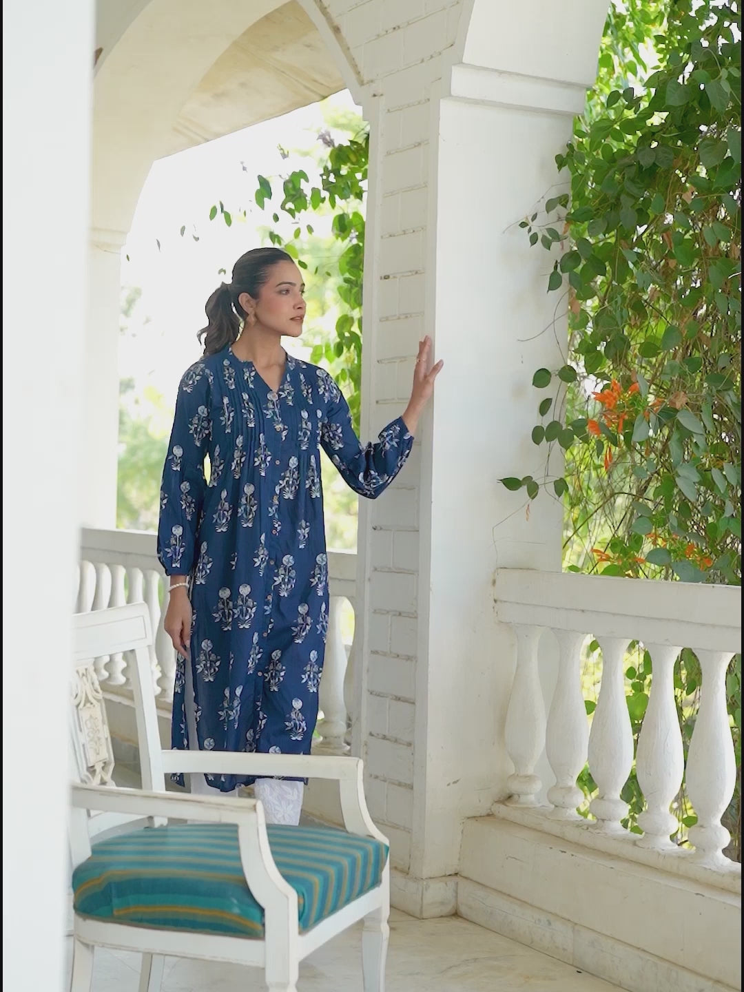 Indigo Pure Cotton Floral Printed Pleated Kurta