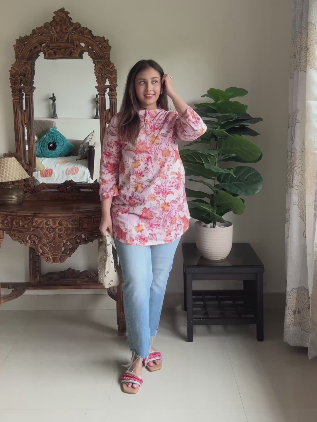 Pink Pure Cotton Floral Printed Straight Tunic