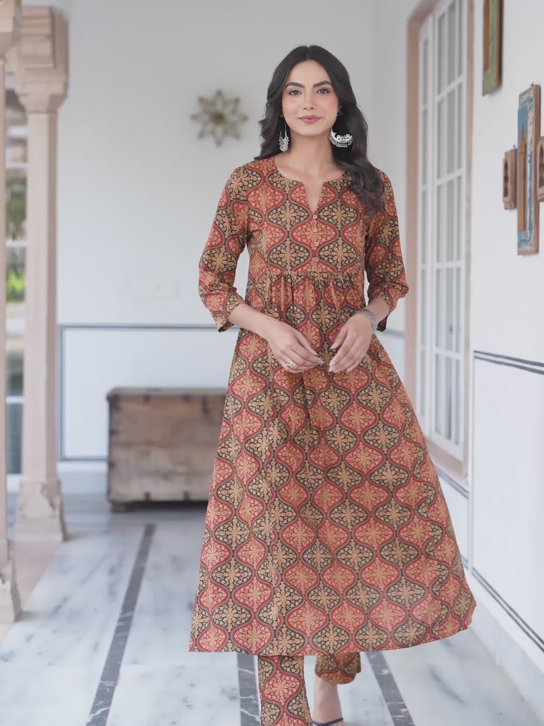 Brown Pure Cotton Ethnic Motifs Printed A-line Kurta Pant Set