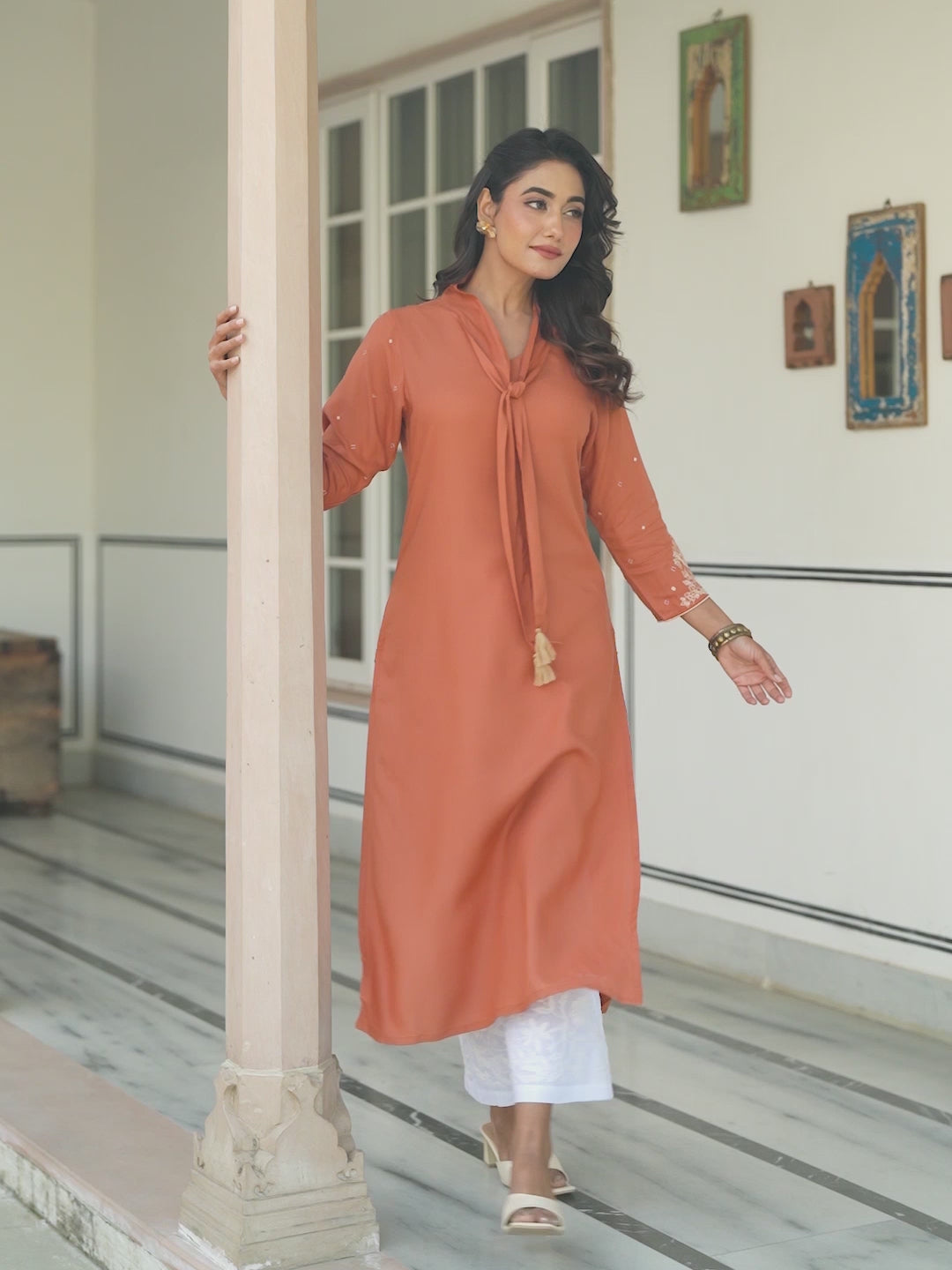 Peach Rayon Solid Straight Kurta