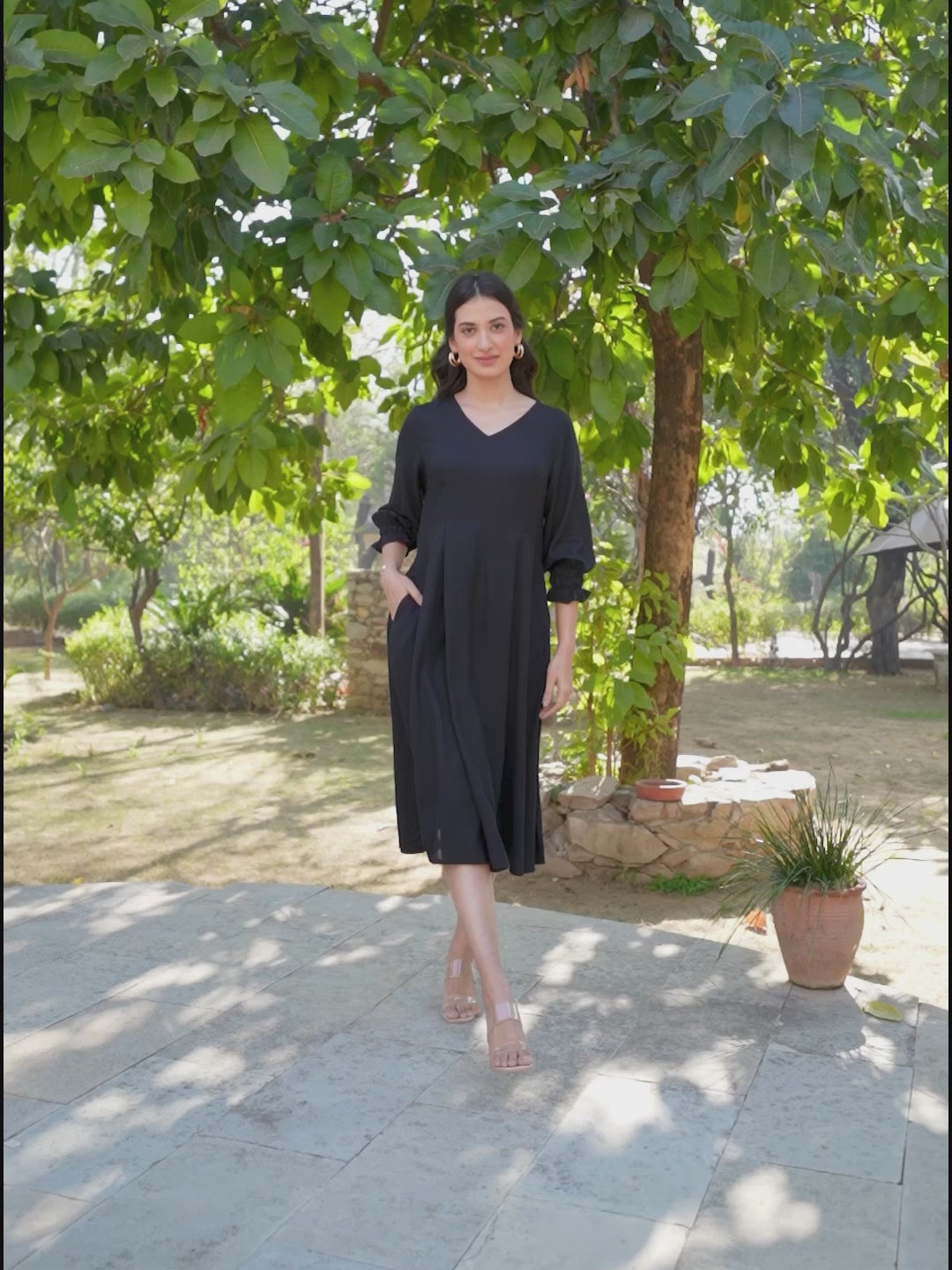 Black Rayon Solid A-line Dress