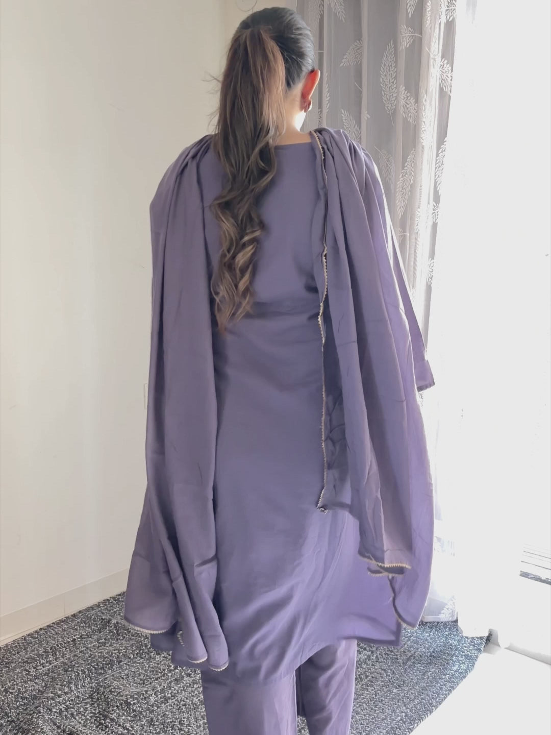 Janasya Women's Purple Pure Cotton Embroidered A-line Kurta Set