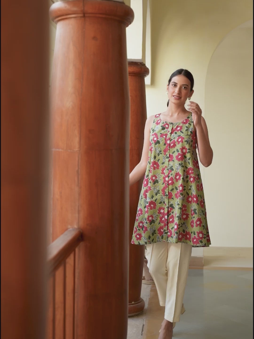 Olive Green Pure Cotton Floral Printed A-line Tunic