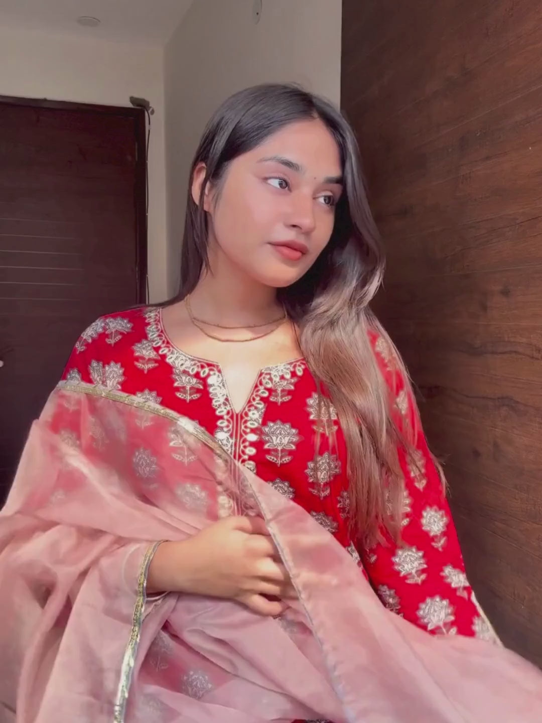 Red Pure Cotton Floral Printed Yoke Embroidered Straight Kurta Set