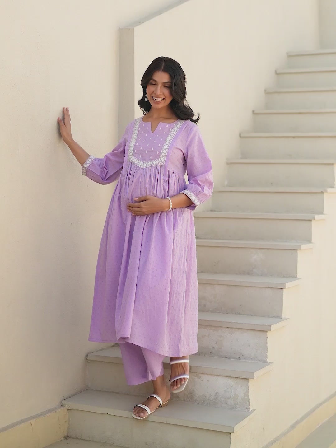 Janasya Women's Lavender Dobby Pure Cotton Yoke Embroidered A-line Maternity Kurta Pant Set