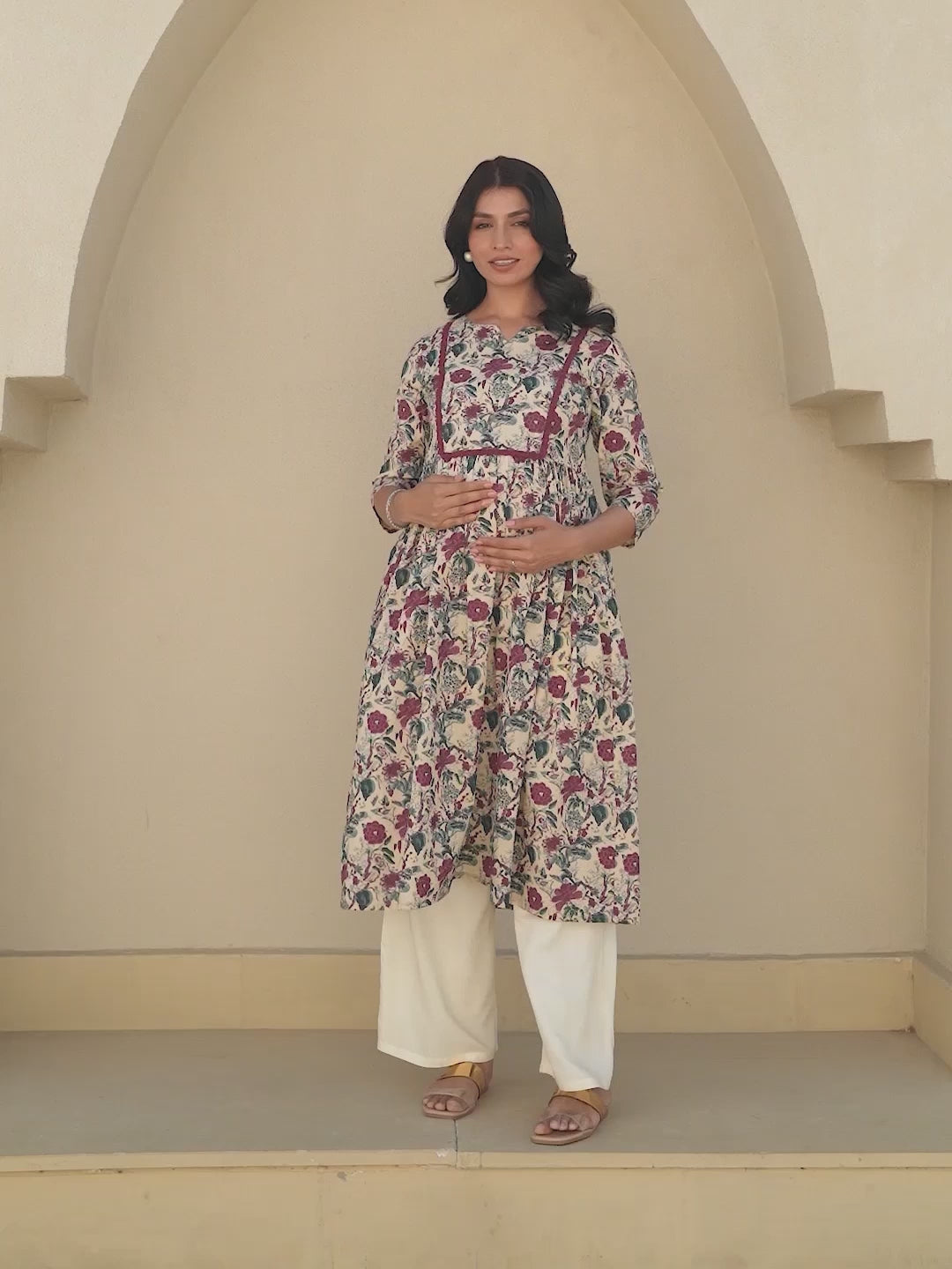 Cream Pure Cotton Floral Printed Gathered Maternity Kurta