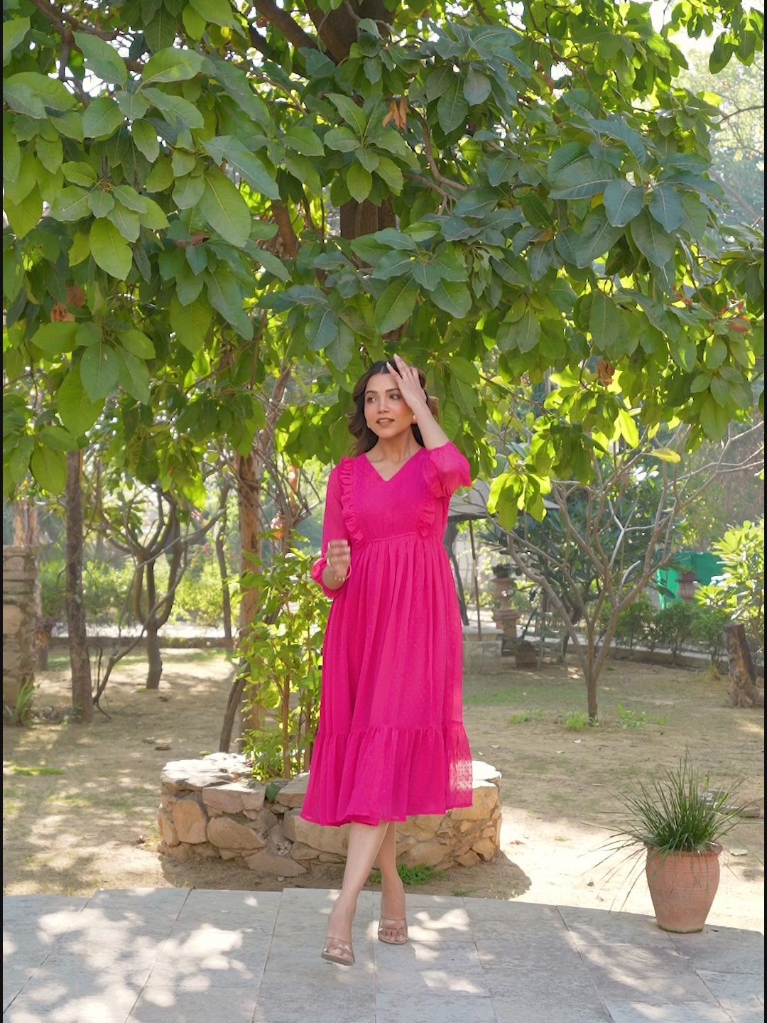 Pink Dobby Chiffon Self Design Fit & Flare Dress