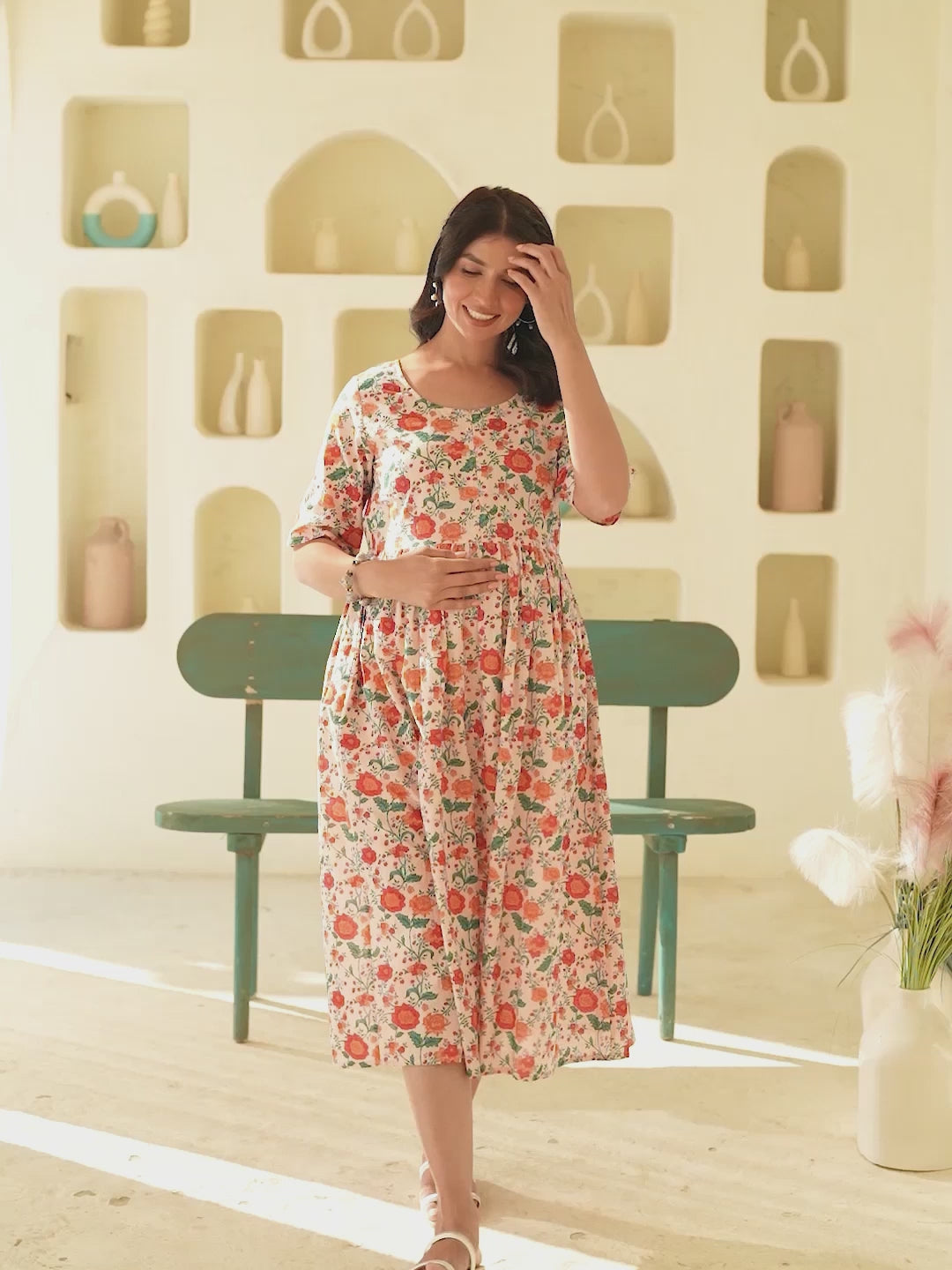 Peach Pure Cotton Floral Printed Fit & Flare Maternity Dress