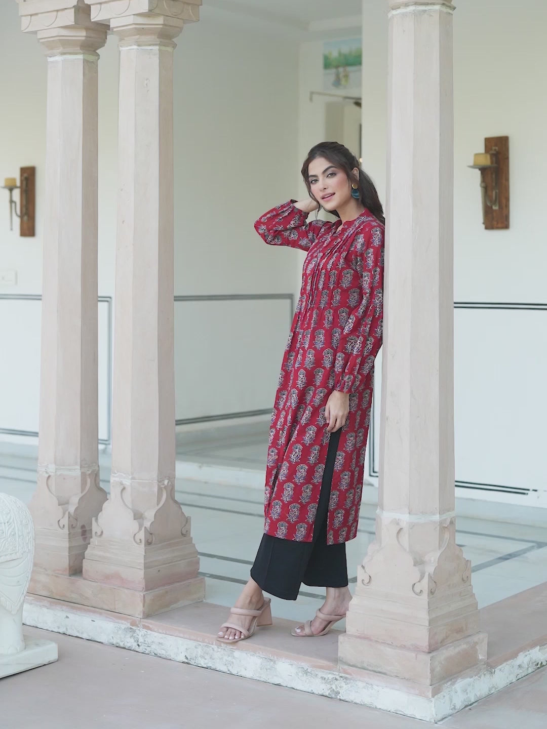 Maroon Cotton Floral Print Flared Kurta