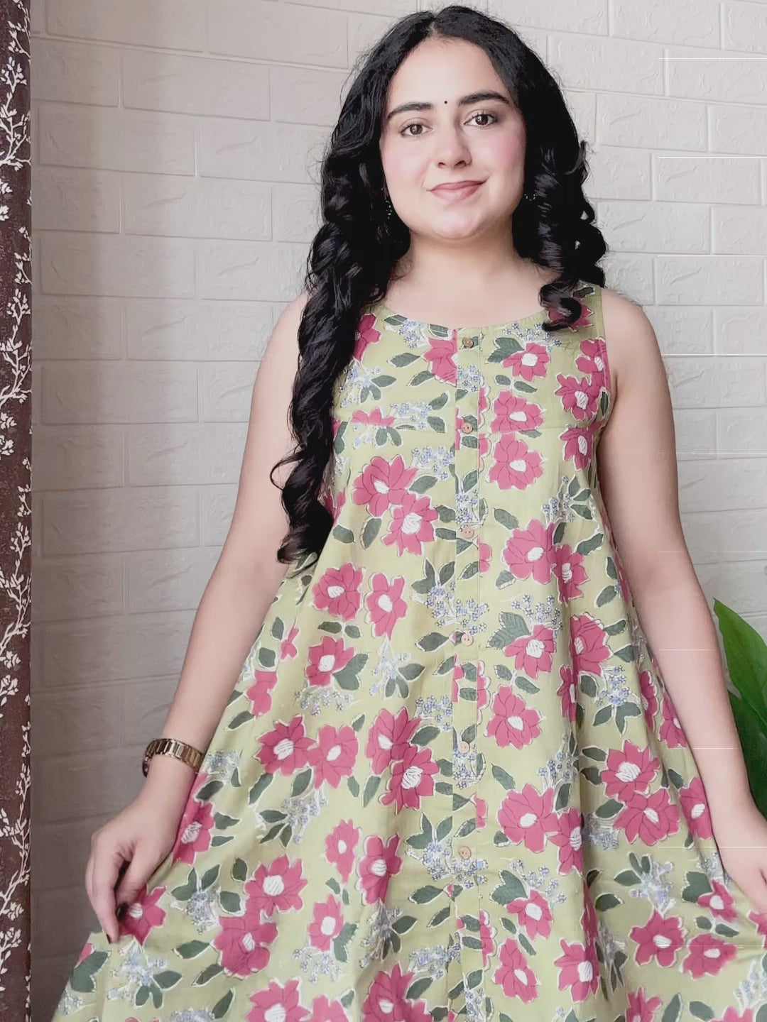 Olive Green Pure Cotton Floral Printed A-line Tunic