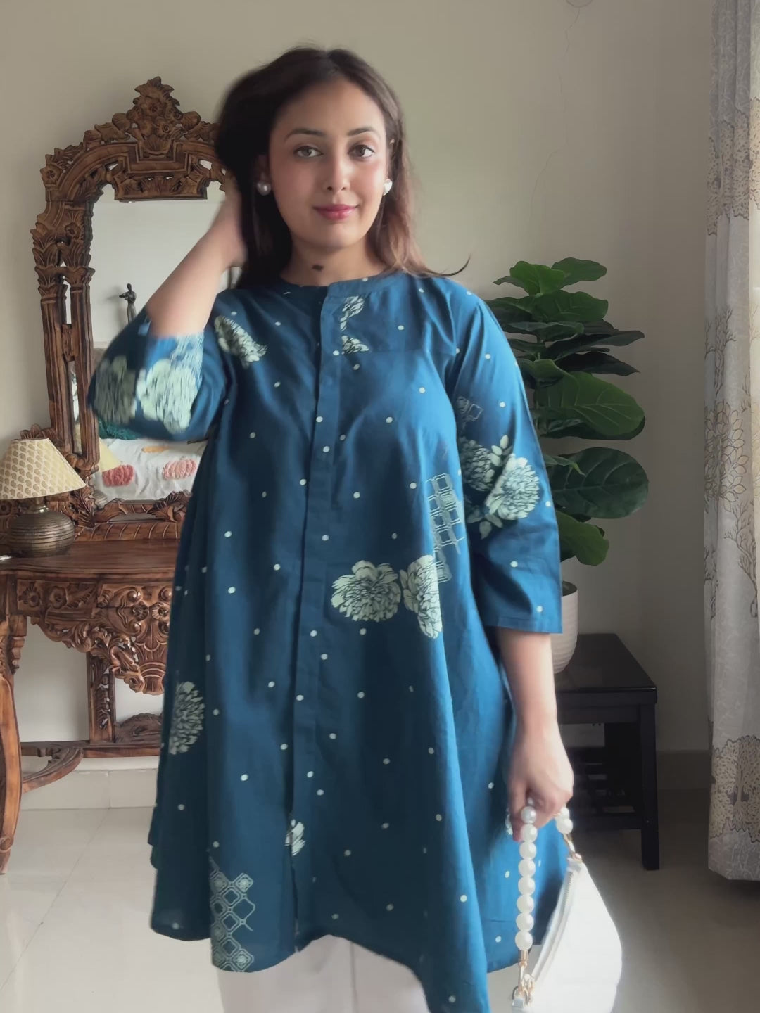 Teal Blue Pure Cotton Floral Printed Flared Tunic