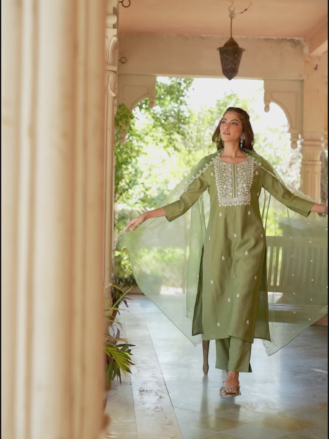 Sage Green Silk Blend Embroidered Straight Kurta Set