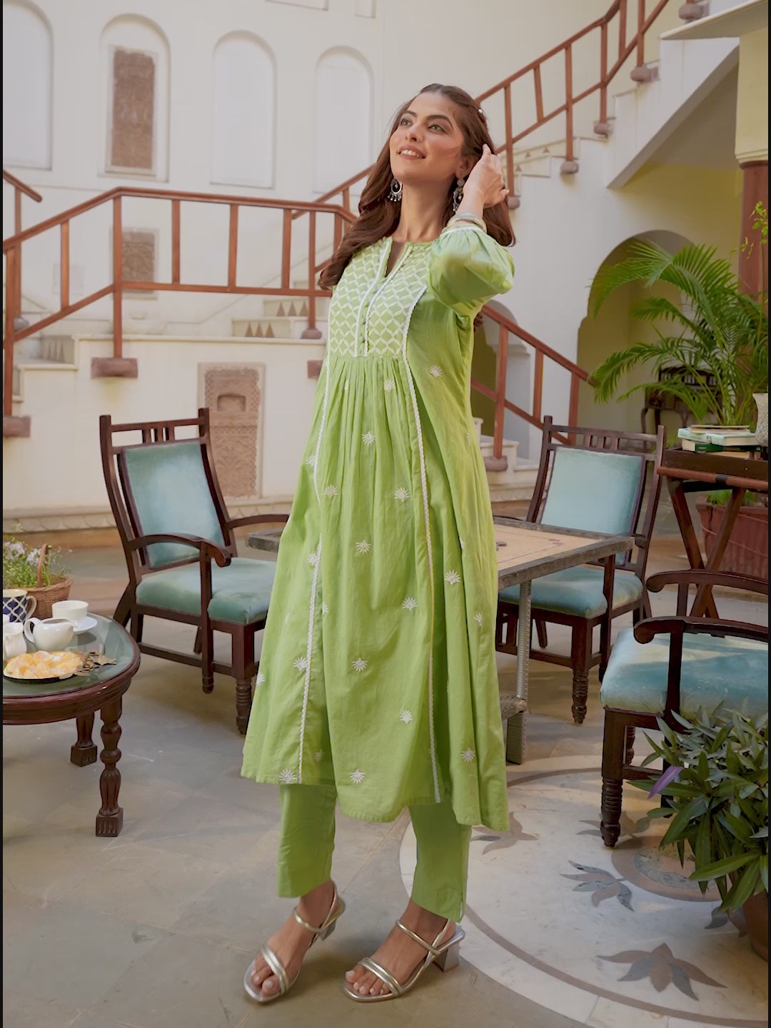 Light Green Pure Cotton Embroidered A-line Kurta Pant Set