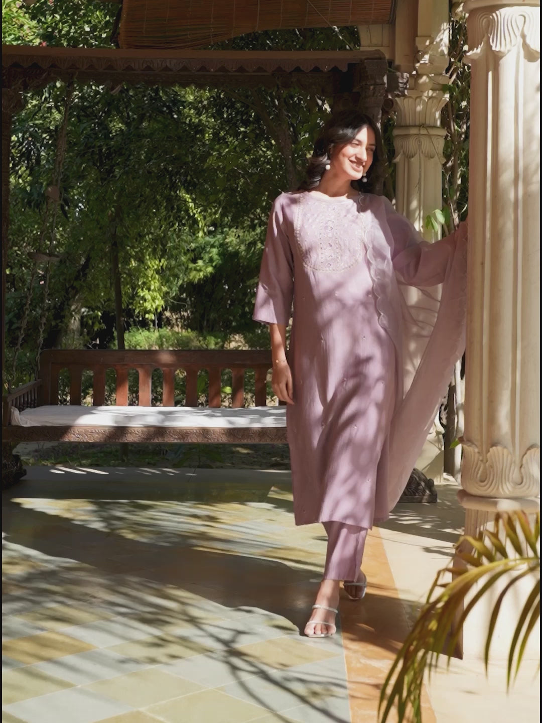 Janasya Women's Lavender Silk Blend Embroidered Straight Kurta Set