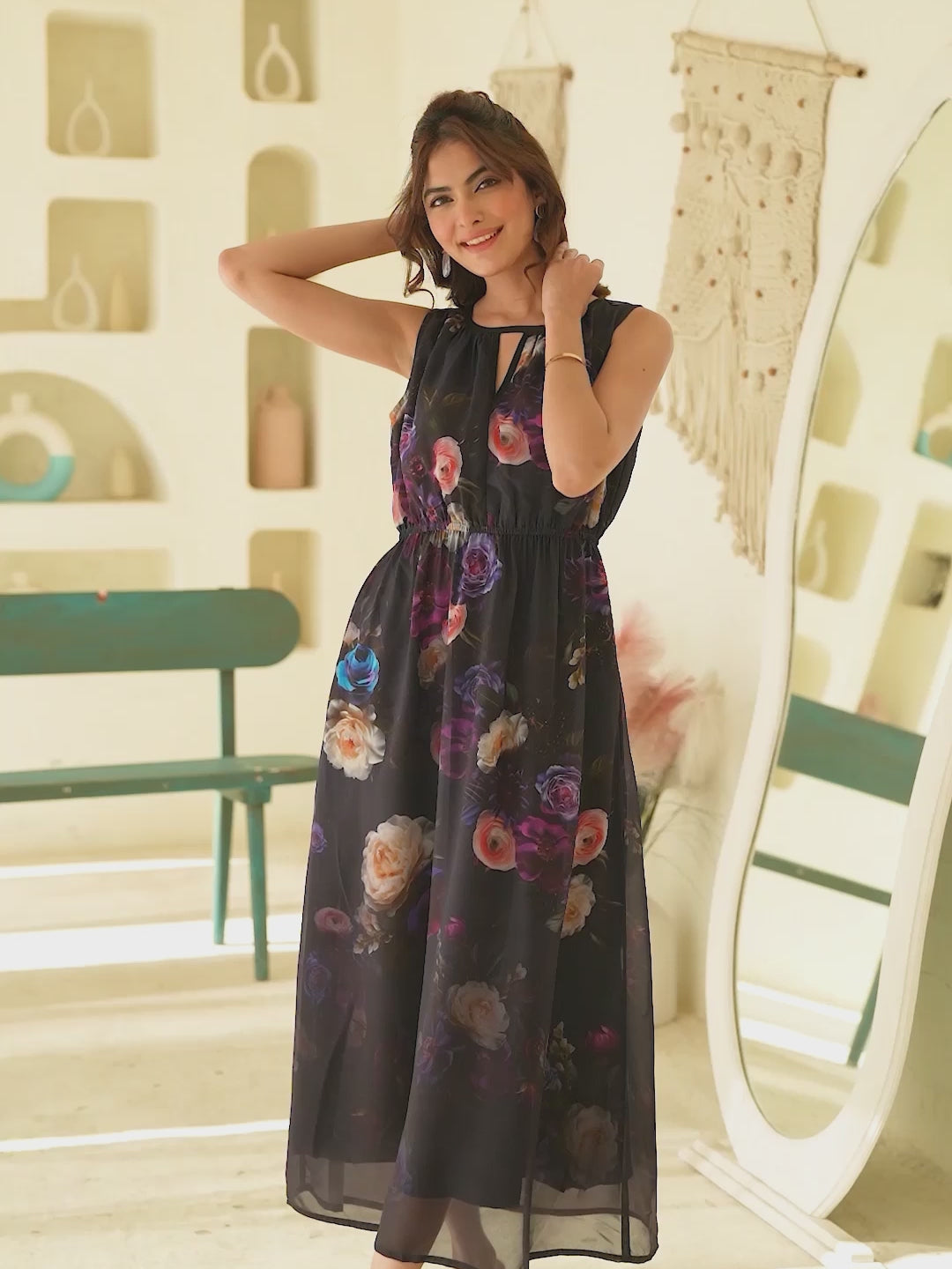 Janasya Women's Black Georgette Floral Printed Gathered Dress