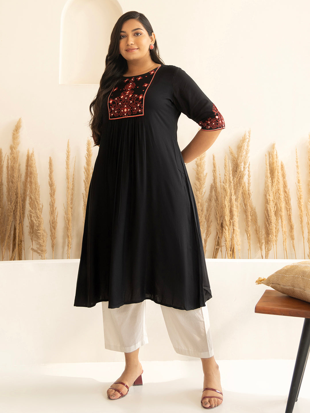 Plus Size Black Rayon Yoke Embroidered A-line kurta –