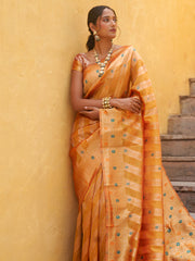 Yellow Organza  Woven Leheriya Saree with Unstitched Blouse Piece