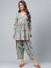 Sage Green Cotton Floral Printed Co-ords Set Sage Green Cotton Floral Printed Co-ords Set