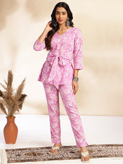Pink Cotton Floral Printed Top with Pant