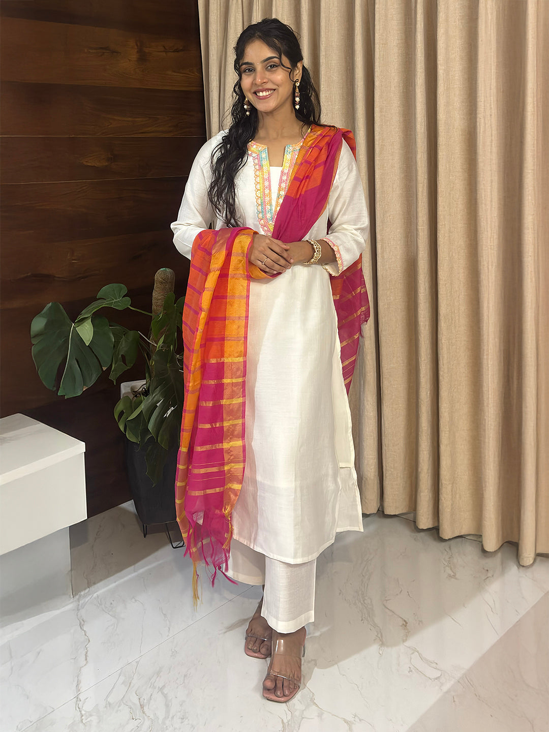 Janasya Women's Off White Silk Blend Embellished Straight Kurta Set