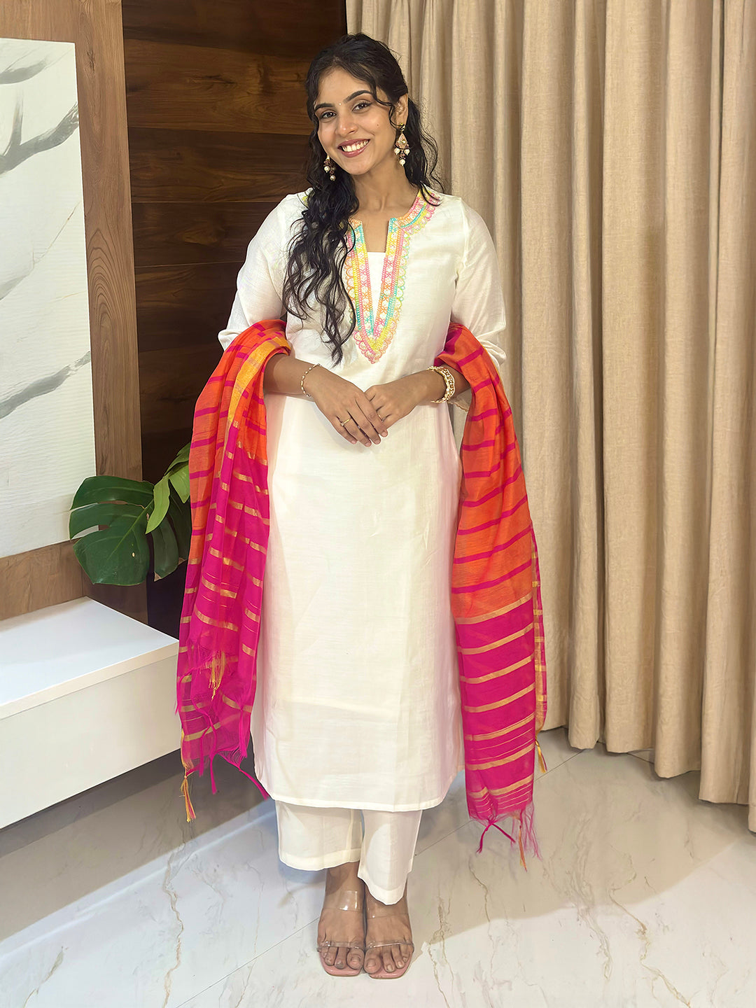 Janasya Women's Off White Silk Blend Embellished Straight Kurta Set