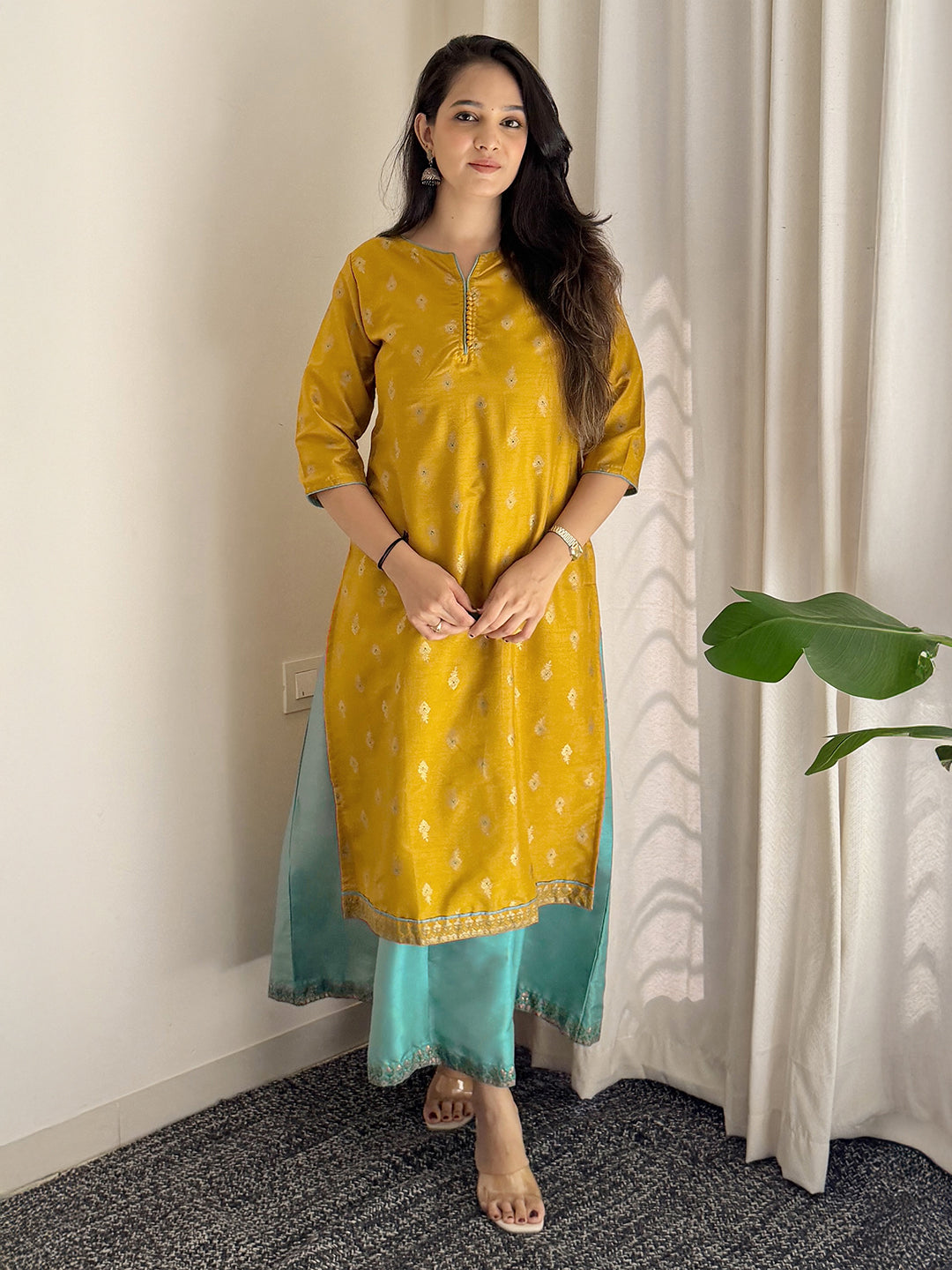 Janasya Women's Mustard Silk Blend Foil Printed Anarkali Ethnic Dress