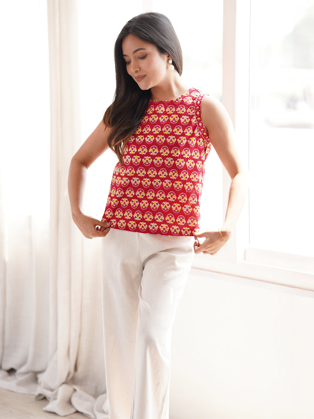 Janasya Women's Red Cotton Floral Print Regular Top