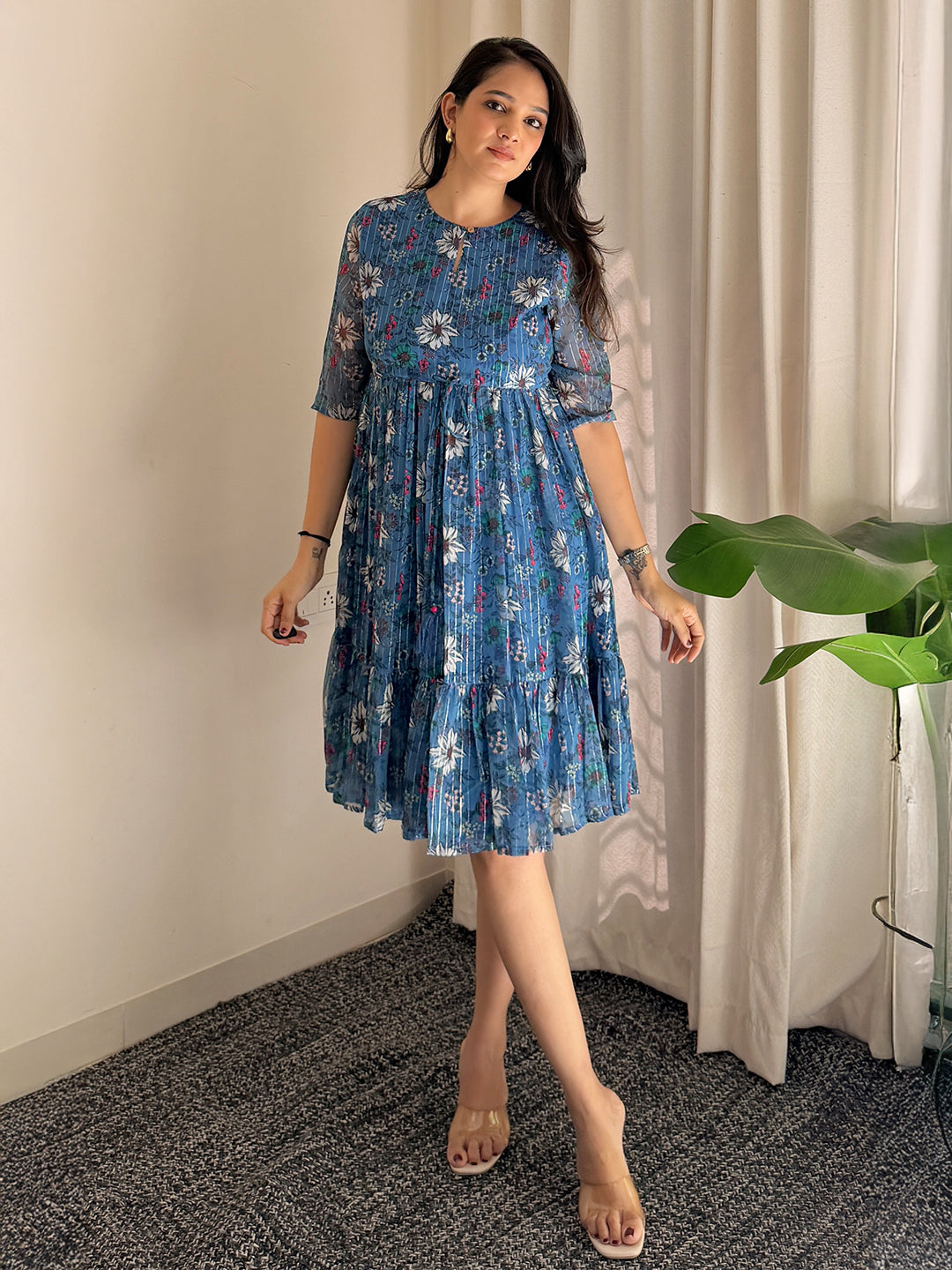flared western dress Janasya Women's Blue Poly Georgette Floral Flared Western Dress