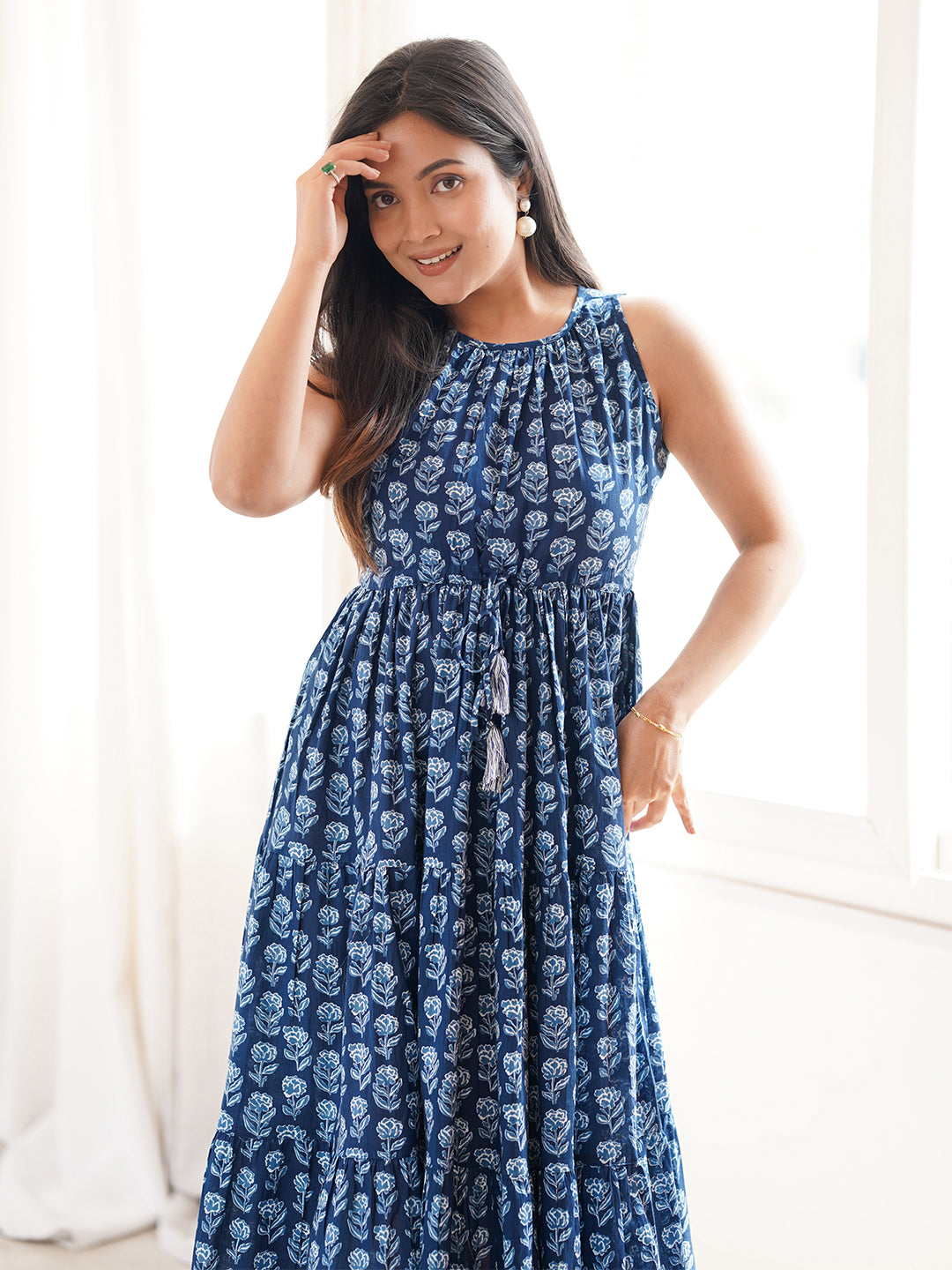 Janasya Women's Indigo Pure Cotton Floral Printed Tiered Dress