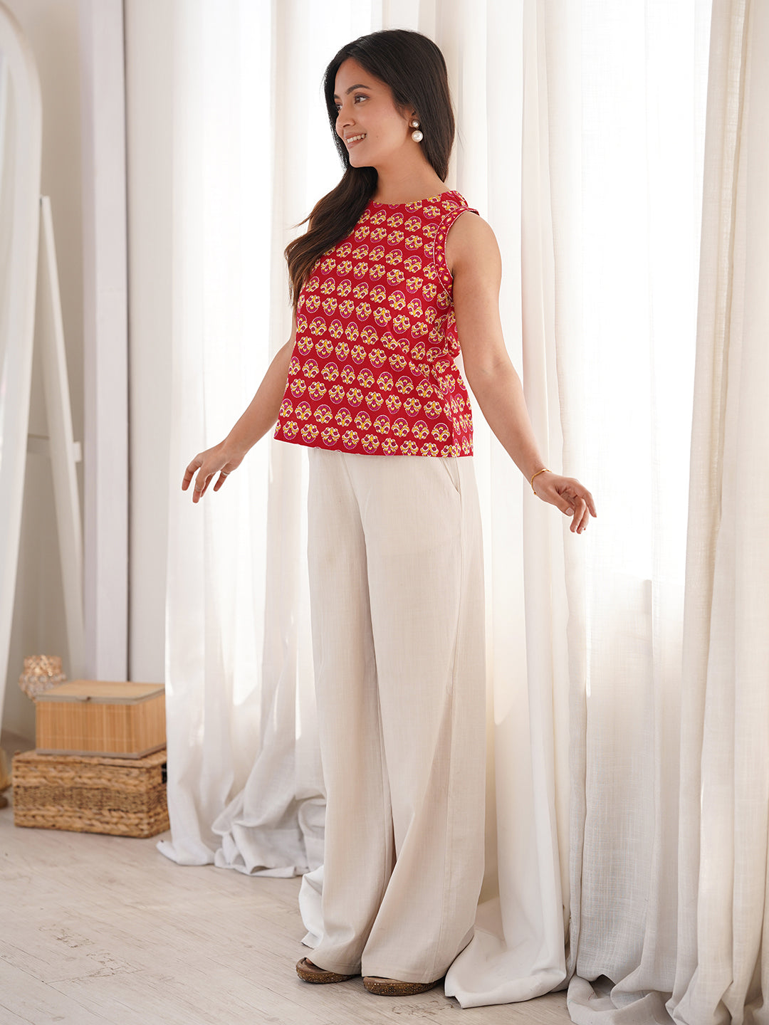 Janasya Women's Red Cotton Floral Print Regular Top