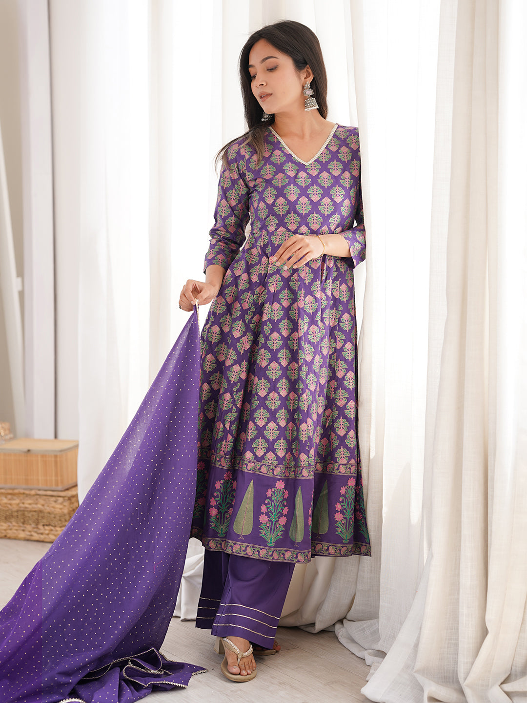 Janasya Women's Purple Rayon Ethnic Motifs Gold Printed Anarkali Kurta Set