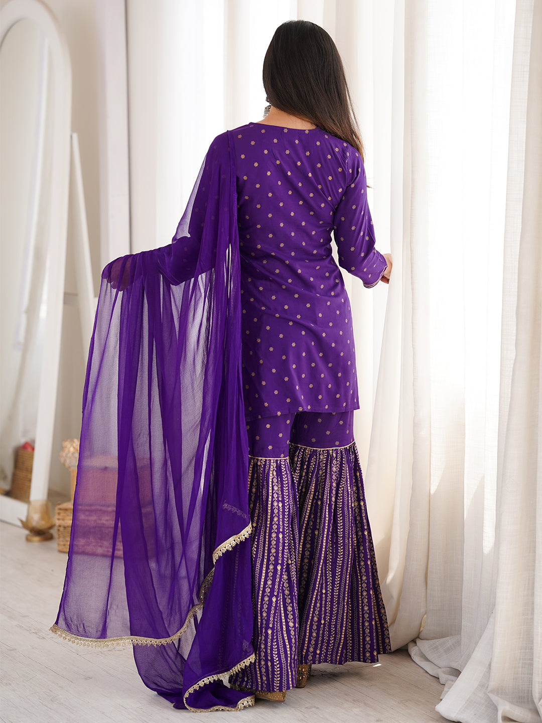 Janasya Women's Purple Rayon Gold Printed Short Kurti With Sharara & Dupatta Set