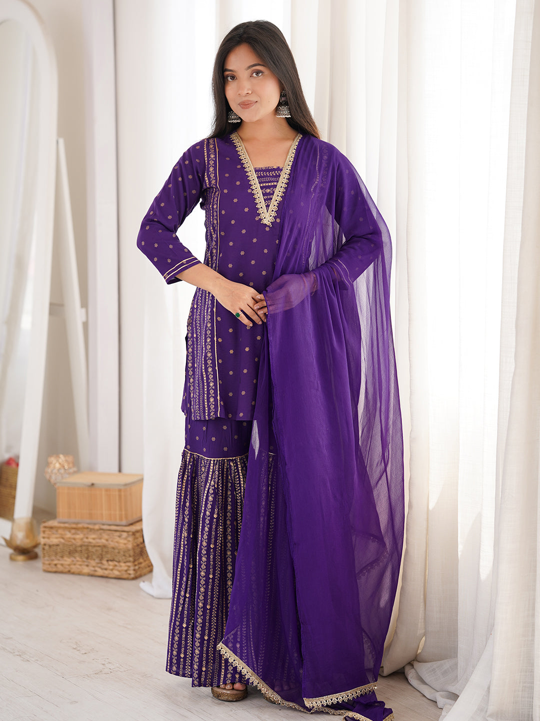 Janasya Women's Purple Rayon Gold Printed Short Kurti With Sharara & Dupatta Set