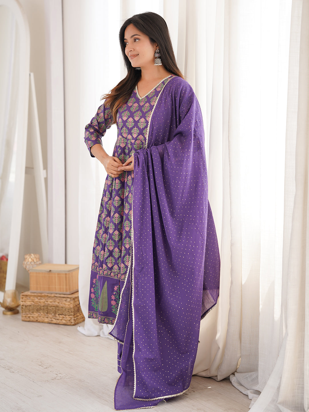 Janasya Women's Purple Rayon Ethnic Motifs Gold Printed Anarkali Kurta Set