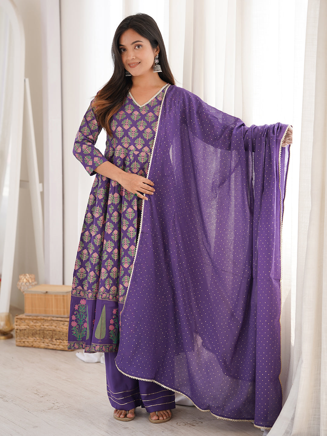 Janasya Women's Purple Rayon Ethnic Motifs Gold Printed Anarkali Kurta Set