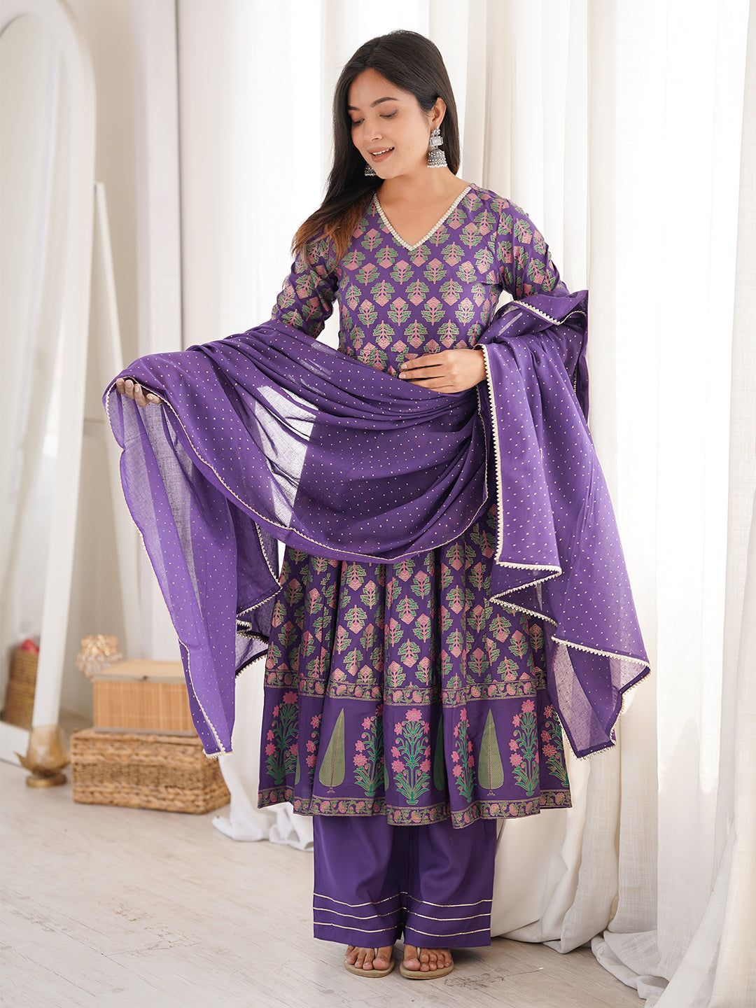 Janasya Women's Purple Rayon Ethnic Motifs Gold Printed Anarkali Kurta Set