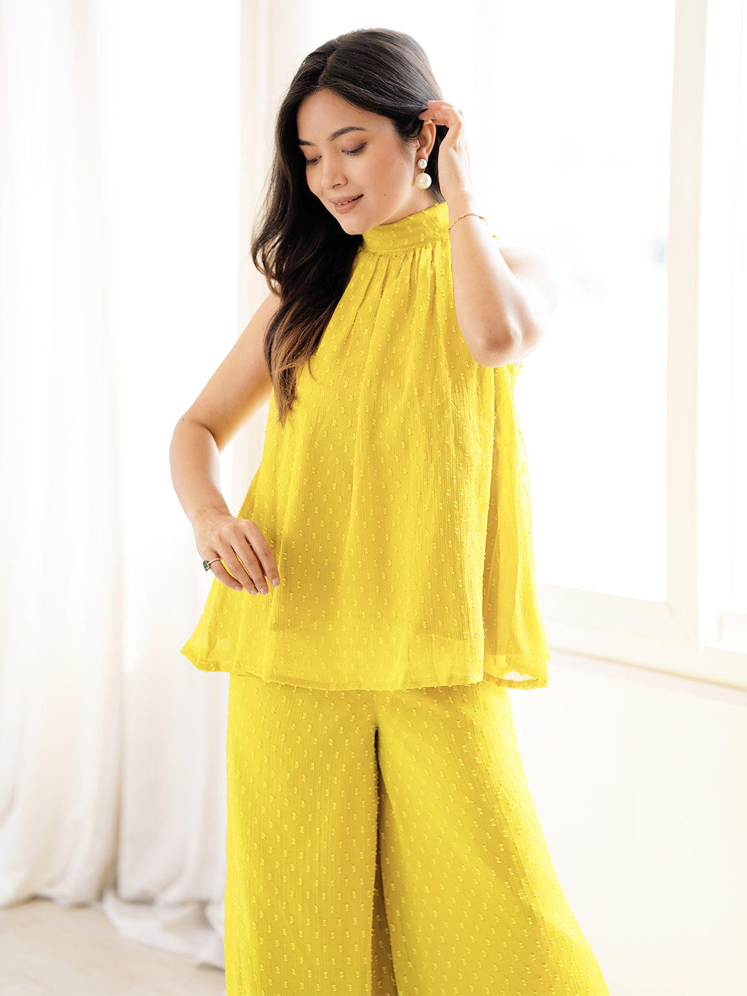 Yellow Dobby Chiffon Solid Co-ord Set