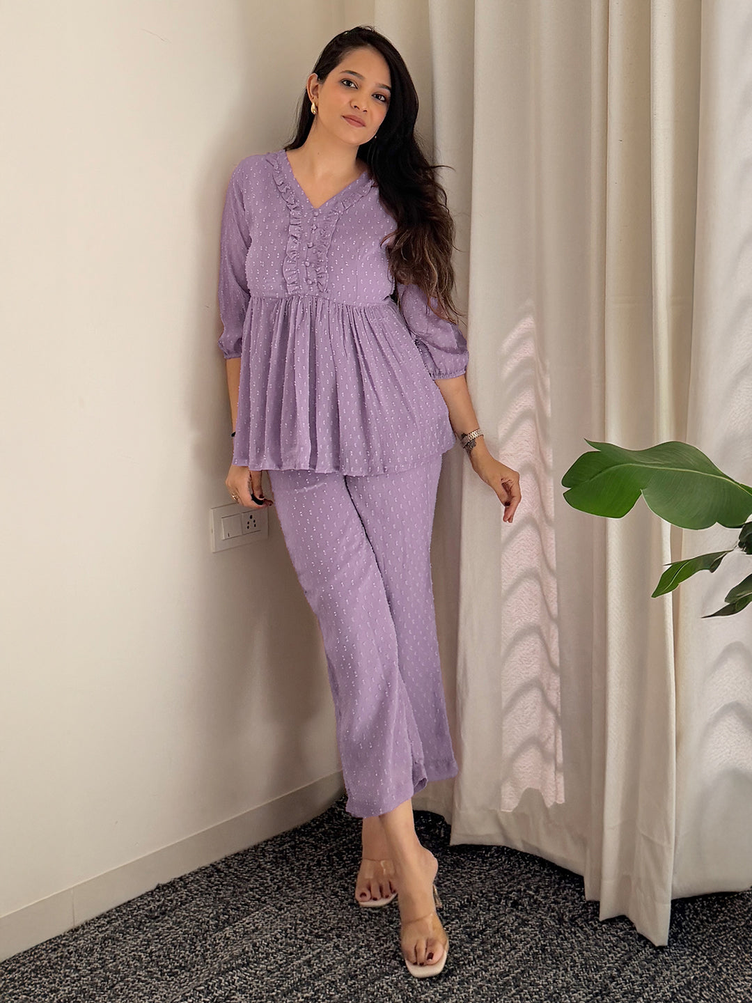 Janasya Women's Lavender Dobby Chiffon Self Design Peplum Co-Ord Set