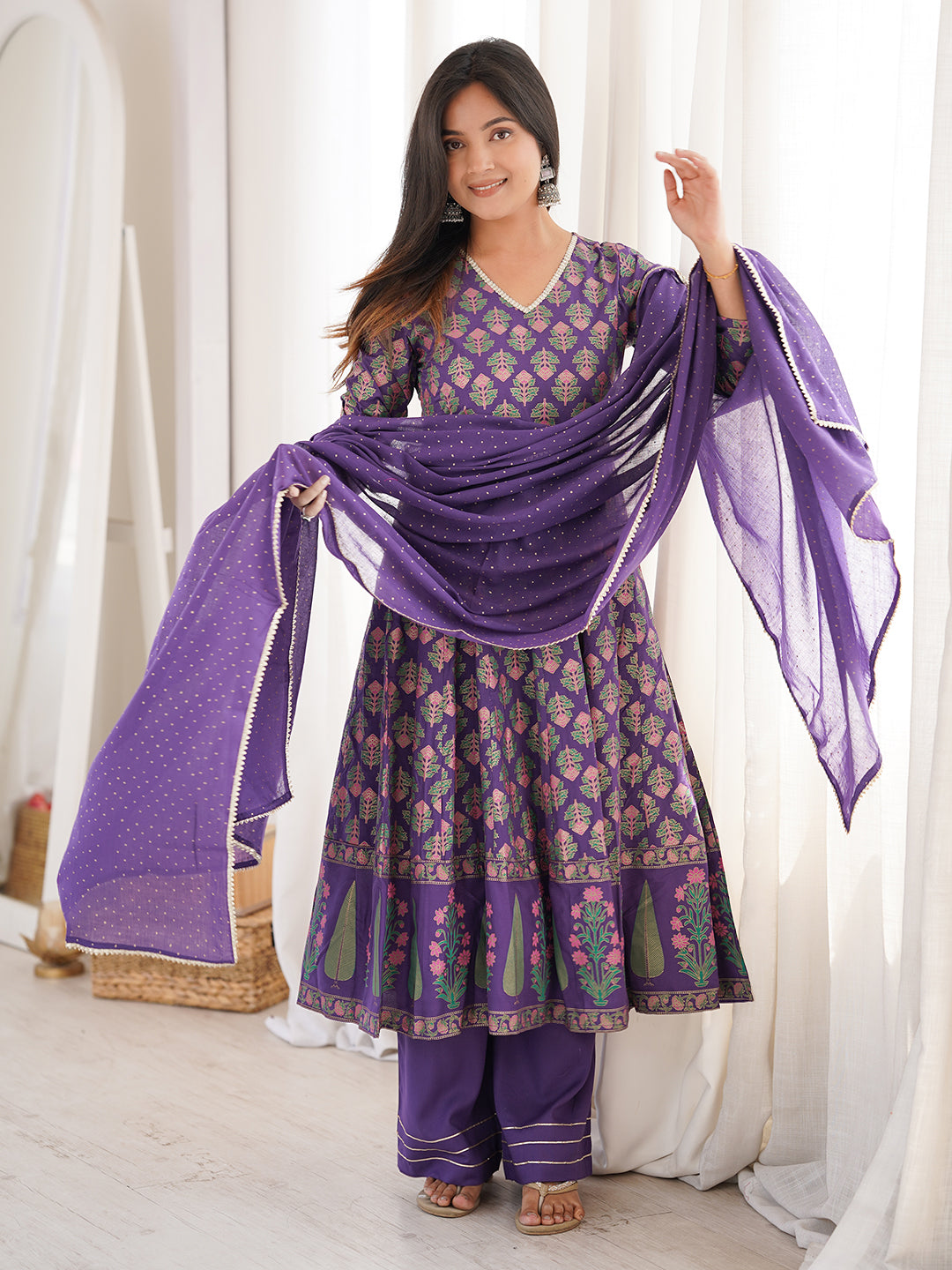 Janasya Women's Purple Rayon Ethnic Motifs Gold Printed Anarkali Kurta Set